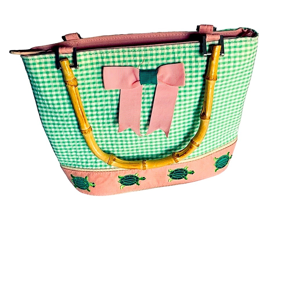 Handbag Bamboo Handled Preppy Green and Pink Bow with Turtles